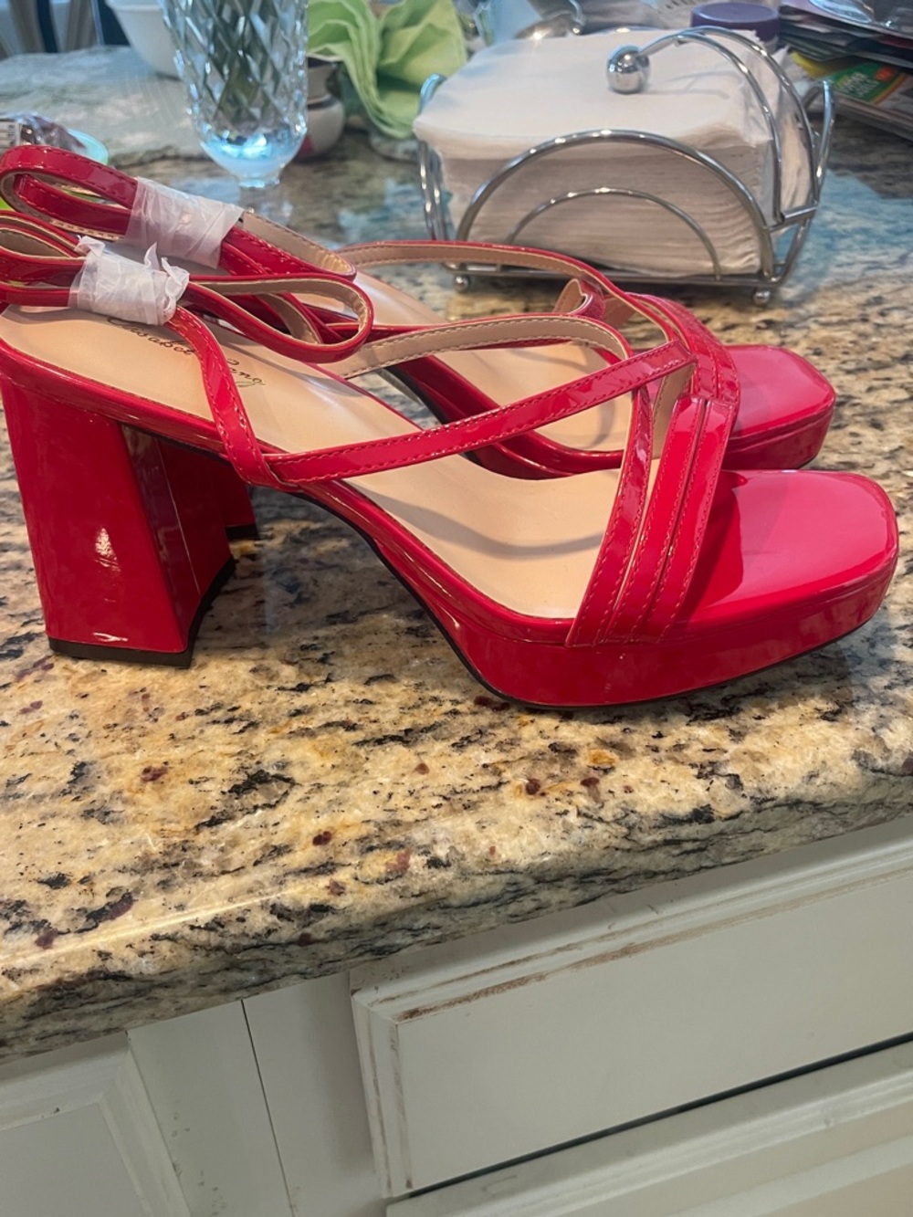 Red Patent Platform Block Heel Sandals